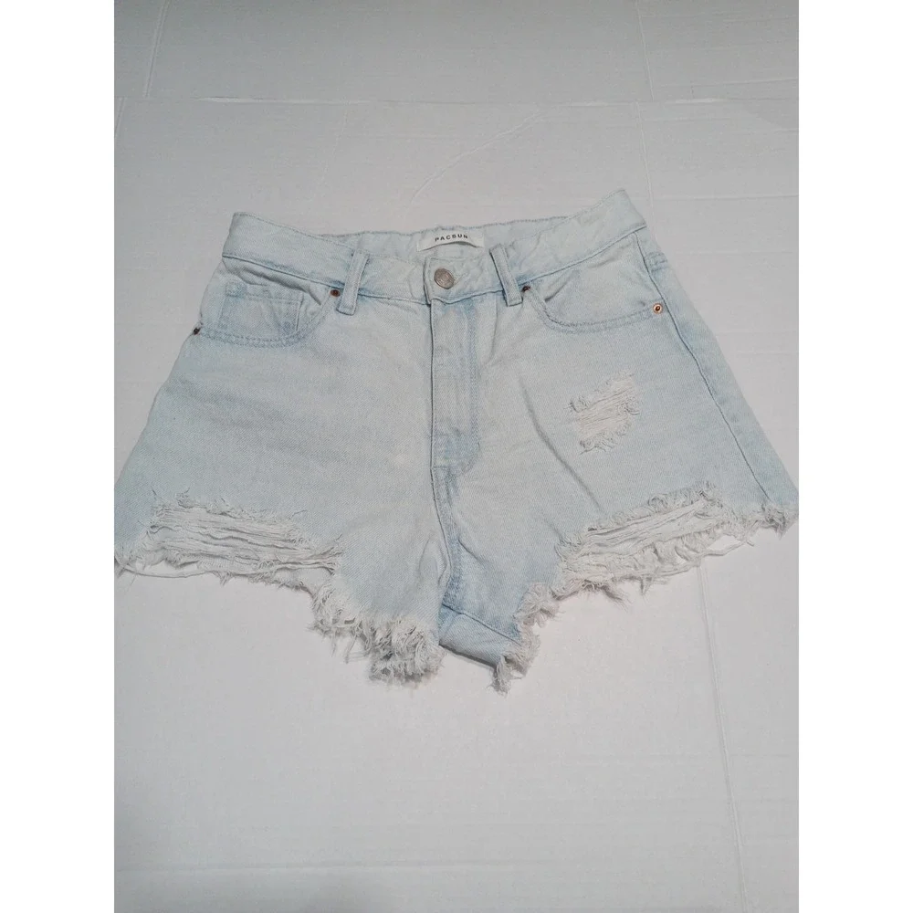 PacSun‎ High Rise Festival Denim Shorts Size 26 Light Wash Distressed Cutoff